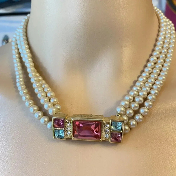 VTG 3 Strand Faux Pearl Gemstone Choker Necklace Party Formal Wedding Princess - Picture 7 of 12